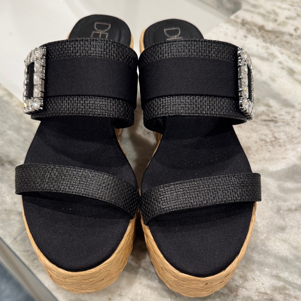 Deltan Black Platform Sandals with Rhinestone Accent